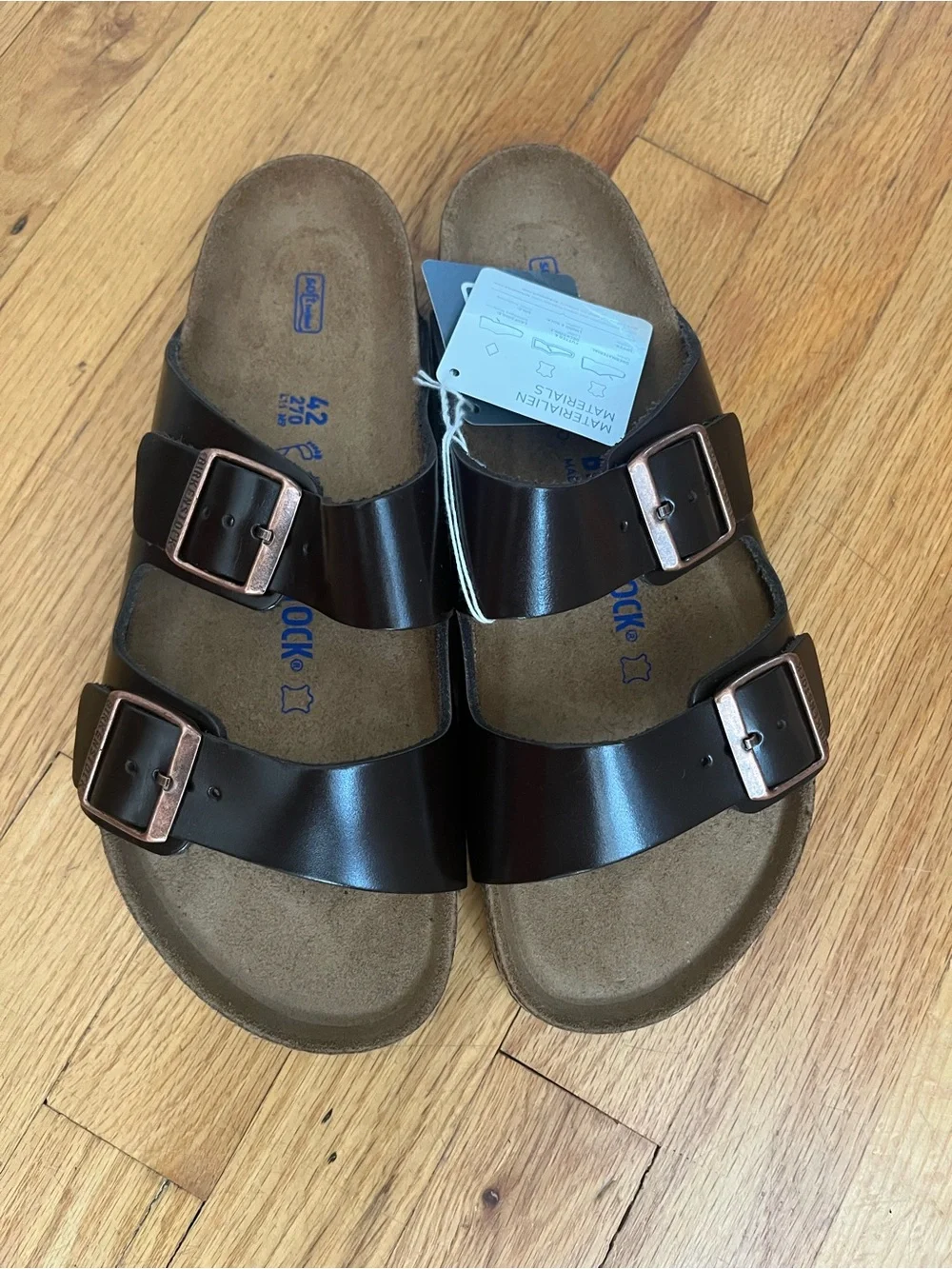 Birkenstock Brown Two-Strap Sandals with Rose-Gold Buckles M9/W11